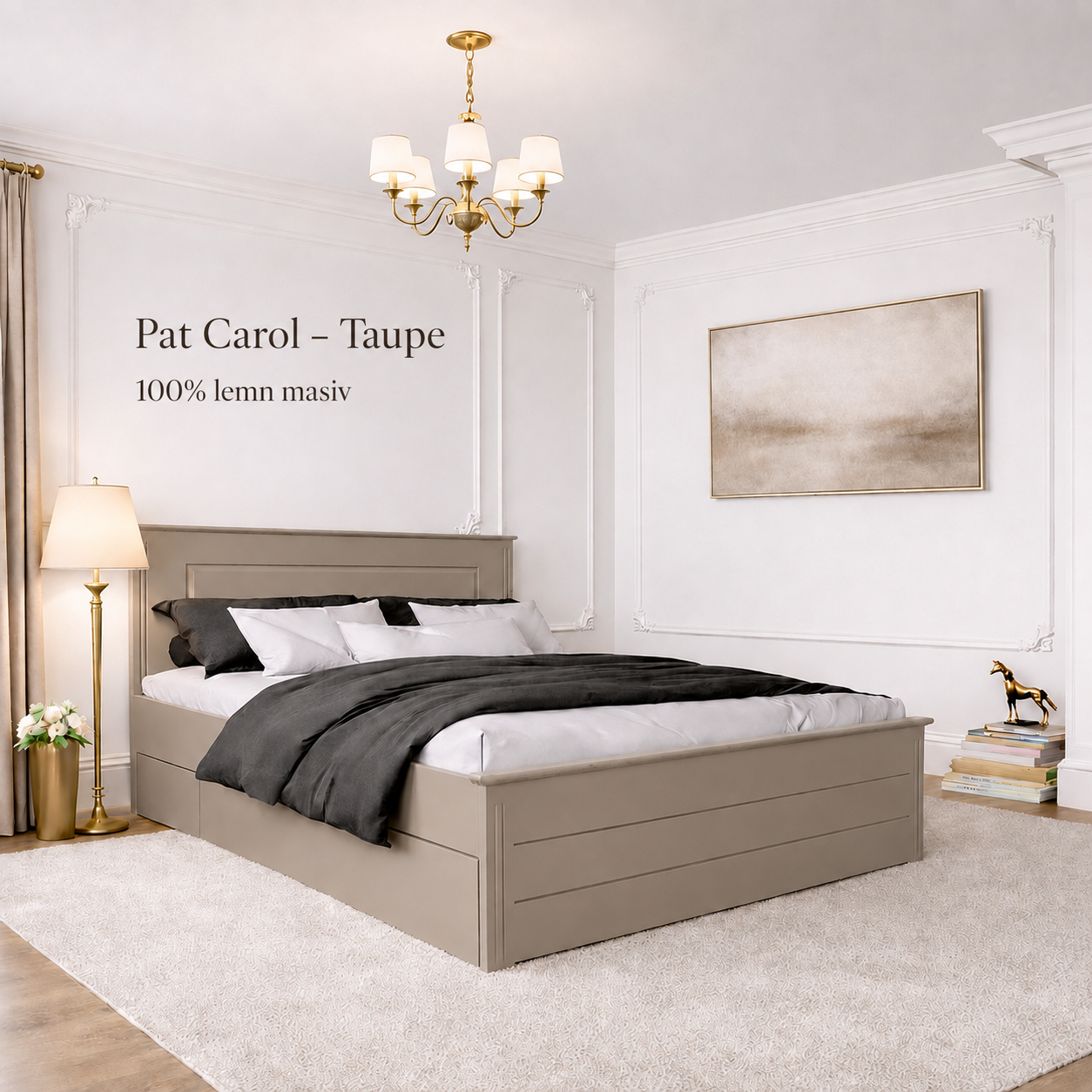 Pat Carol din lemn masiv - 180x200 – gri-bej (taupe), cu sertar