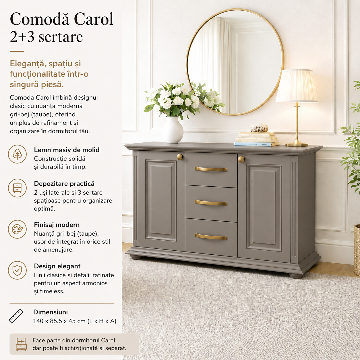 Comodă Carol – 2 uși + 3 sertare, lemn masiv, gri-bej (taupe)