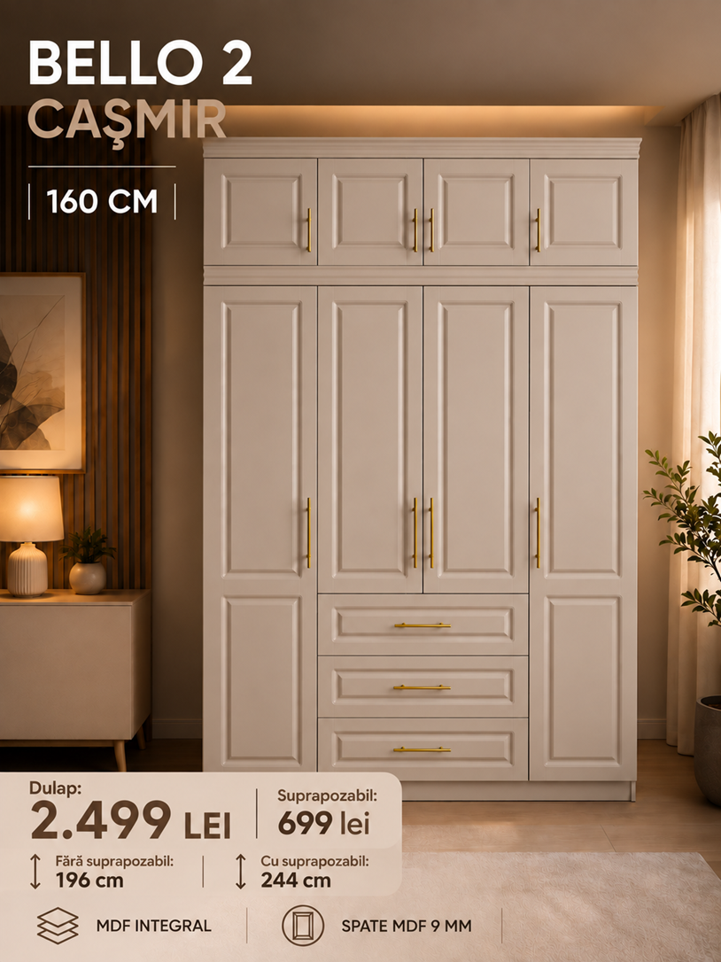 Dulap Bello 2 - 4 usi casmir- integral MDF - Clasic, elegant, cu preț imbatabil