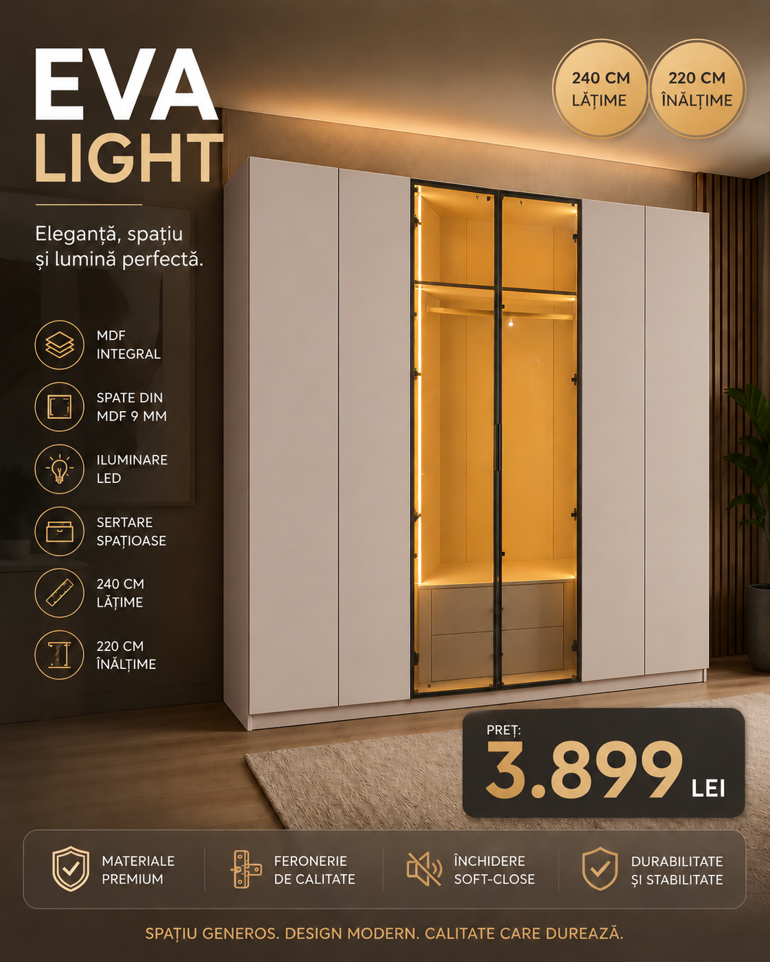 Dulap Eva Light Cașmir – Eleganță care se vede, spațiu care se simte