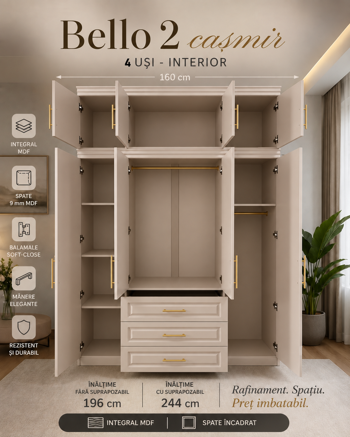 Dulap Bello 2 - 4 usi casmir- integral MDF - Clasic, elegant, cu preț imbatabil - imagine 3