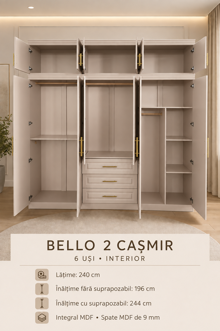 Dulap Bello 2 - 6 usi casmir - integral MDF - Clasic, elegant, cu preț imbatabil - imagine 3